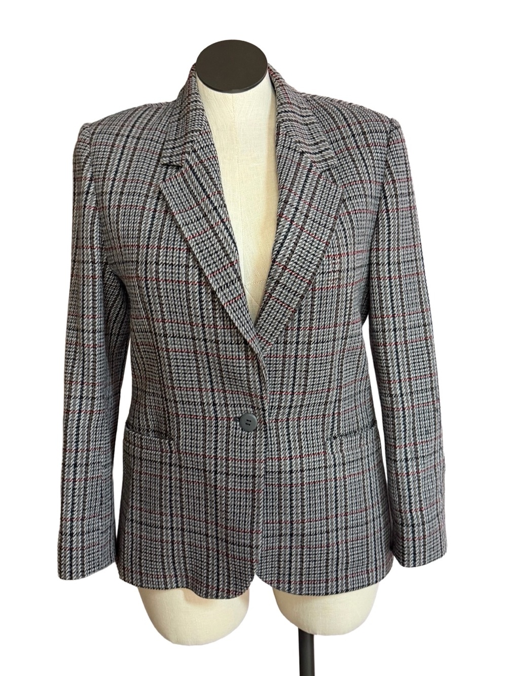 Vintage The Villager Wool Plaid Blazer Gray Red Size 16